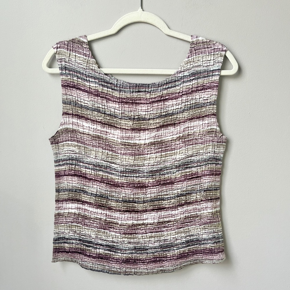 Vintage Crinkle Top Women's Medium Stripes Purple Sage Green Scandi Boho Neutral